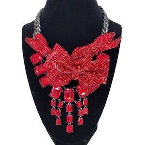 BETSEY JOHNSON Betsey's Bows Collection Red Pavè Crystals Hematite
Necklace NWT